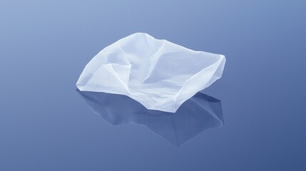 A crumpled white object floats on a calm blue surface, reflecting its delicate texture in serene tranquility.