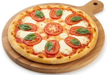A margherita pizza with basil and tomato slices on a wooden board ready to be served and enjoyed now