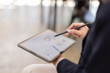 asian business Hands, growth, development  Charts, graphs data analysis and woman with tablet, screen and statistics for online investment report. 
