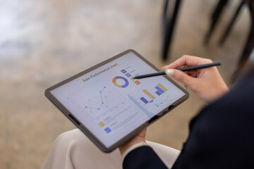 asian business Hands, growth, development  Charts, graphs data analysis and woman with tablet, screen and statistics for online investment report. 
