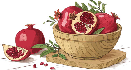 Pomegranate vector design, Pomegranate with Pomegranate slice in bowl on table in white background
