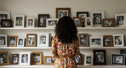 Woman looking at framed black and white family photographs