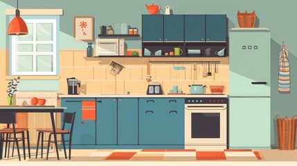 Modern kitchen with teal cabinets, stainless steel appliances, and a small breakfast area.