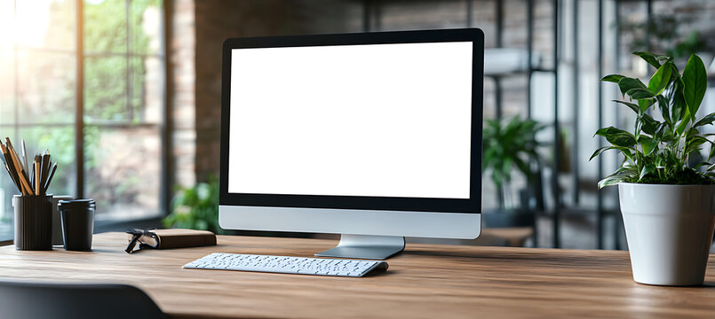 A computer LED with a transparent PNG screen on a wooden desk in a modern office for personalized use, with copy space on the right.