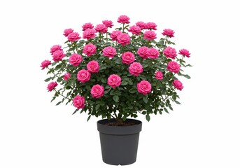 Obraz premium A potted rose bush with many pink roses and green leaves on a white background in a studio shot
