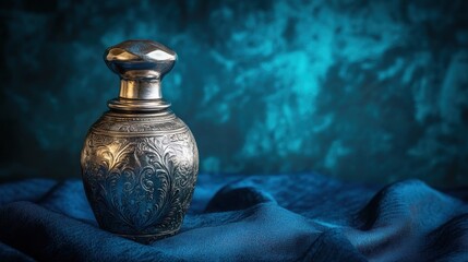 Antique silver perfume bottle on blue fabric