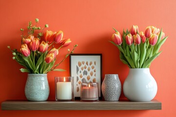 A shelf with a variety of vases and candles, including a white vase with a black and white pattern