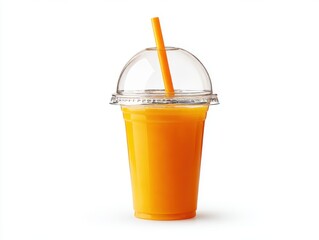 Orange juice in plastic cup with straw on white background
