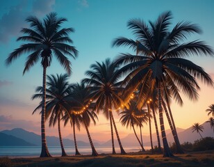 dreamy pastel-colored digital art background featuring palm trees and string lights with soft gradients, bokeh effects, and vibrant tropical contrasts for summer party designs