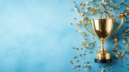 celebratory golden trophy gleaming triumphantly amidst a scattering of shimmering confetti against a serene pastel blue backdrop symbolizing victory and achievement with space for text