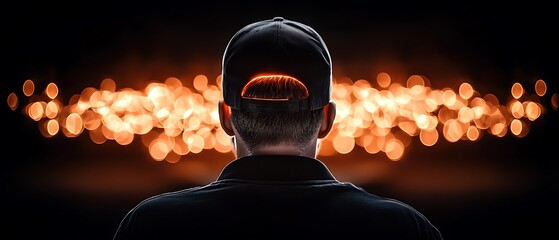 A person with a cap faces a horizon of orange lights in the dark. Mysterious and artistic