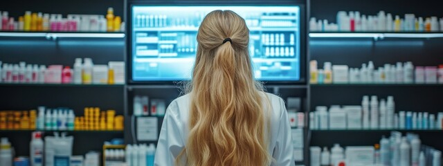 A person in a lab coat examines data on a screen in a pharmacy filled with products.