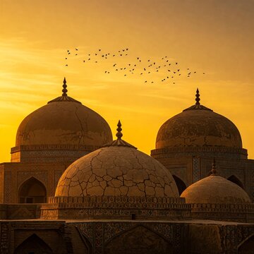 Birds rising over Uch Sharif ruins, sky golden above domes cracked with time yet glowing with eternal beauty.