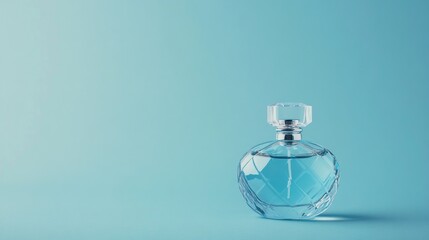 Elegant perfume bottle on a pastel blue background