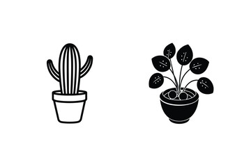 Black And White Potted Plants Cactus And Leafy Bush Minimalist Style