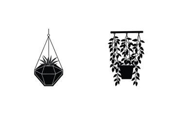 Black Silhouette Of Hanging Plants In A Gem Terrarium And Potted Plant