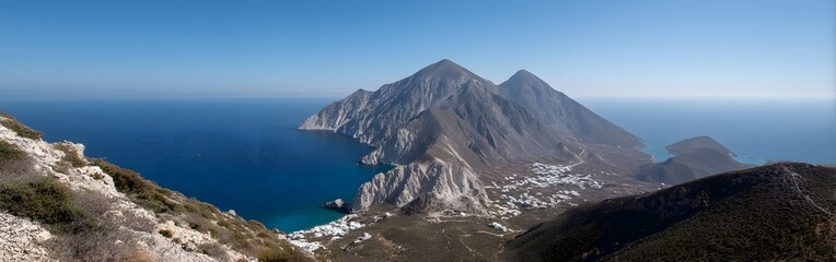 Panoramic View of a Greek Island Village Nestled Between Majestic Mountains and the Aegean Sea