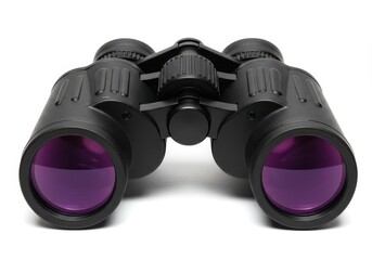 A close up shot of black binoculars with purple lenses on a white background in a studio setting