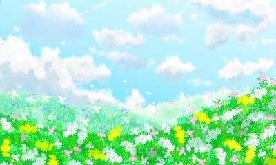green grass and blue sky★パステルカラーの草原★爽やかでカワイイ森の風景背景