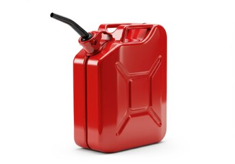 A red gas can with a black spout is displayed on a white background in a studio setting image style