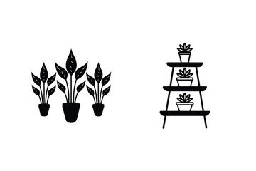 Minimalist Black Vector Illustration Featuring Potted Plants And Plant Stand Isolated On White