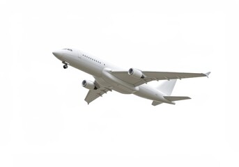 Obraz premium A white airplane is flying in the sky with its landing gear down on a completely white background