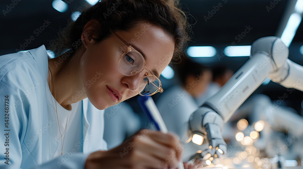 Poster focused female engineer working on advanced robotics in high tech laboratory setting