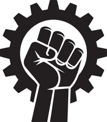 A clean silhouette of a single raised fist inside a circular gear, symbolizing workers' unity and strength.