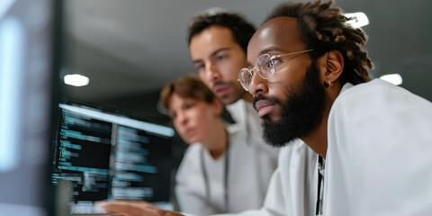 Focused software developers collaborating on project in modern office setting