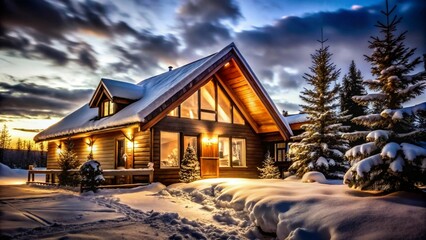 Snow Covered Island House with Warm Lighting at Dusk background
