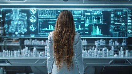 A scientist analyzes data in a futuristic lab with advanced technology.