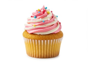 A cupcake with pink and white frosting and colorful sprinkles on a white isolated background view