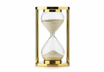 A close up of a gold framed hourglass with white sand on a white background in a studio setting