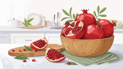 Pomegranates with Pomegranate slice in bowl on table in kitchen vector design, Pomegranate Illustration vector design