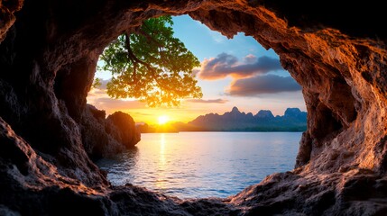 Cave sunset lake view