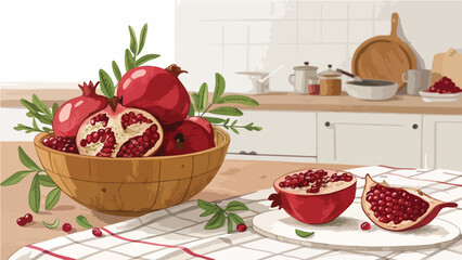 Pomegranates in bowl with Pomegranate slice in kitchen vector design, Pomegranate vector design