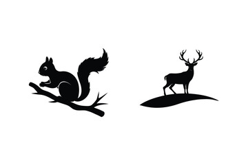 Wildlife Silhouette Graphic With Squirrel On Branch And Deer On Hill Illustration