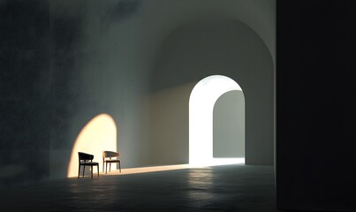 Two Modern Chairs in a Minimalist Archway Interior Space