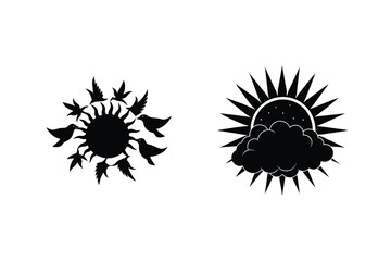 Black Vector Illustration Of Sun With Birds And Sun Behind Clouds Set
