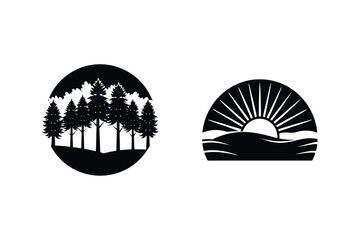 Vector Illustration Of A Forest And A Sunrise In Black And White