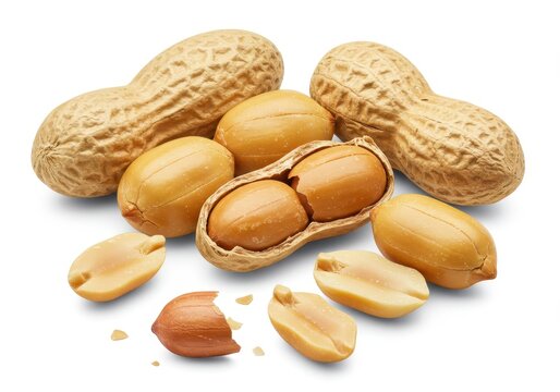 A close up view of peanuts both shelled and unshelled scattered on a plain white surface background