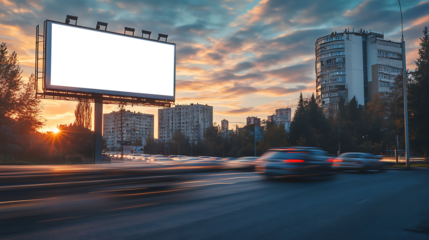 Billboard Near Busy Street with Empty Customizable PNG Transparent Banner for Personalized Branding and Advertisement