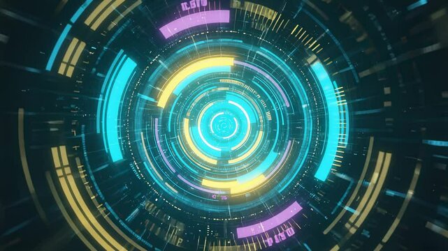 Abstract futuristic HUD with glowing circular elements and data streams, creating a dynamic and technological visual experience