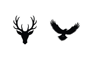 Silhouette Illustration Of A Deer Head And A Flying Eagle On White Background