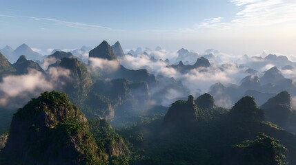 Misty Mountain Range at Sunrise Lush Green Peaks and Clouds