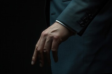 Obraz premium Elegant hand of a businessman in a suit, poised in a dark setting, suggesting confidence