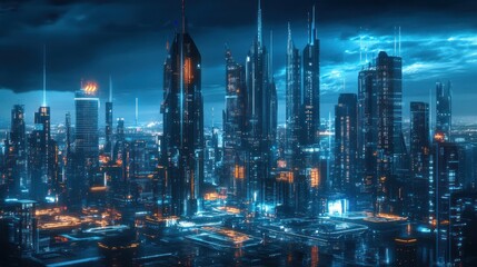 Fototapeta premium Luminous cityscape panorama unveiling a high-tech metropolis illuminated in neon hues