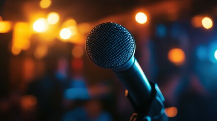 A stand-up comedian entertaining an audience with a microphone in hand.