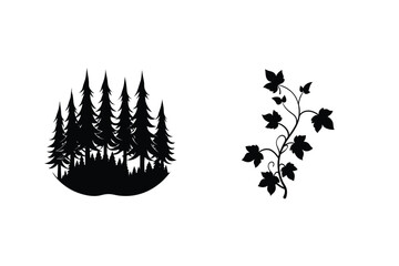 Black Silhouette Graphic Of Pine Trees And Ivy Vine For Vector Design Elements