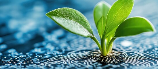 Obraz premium a macro shot showcasing a vibrant green plant sprouting from a circuit board illustrating the intersection of nature and technology for a sustainable future